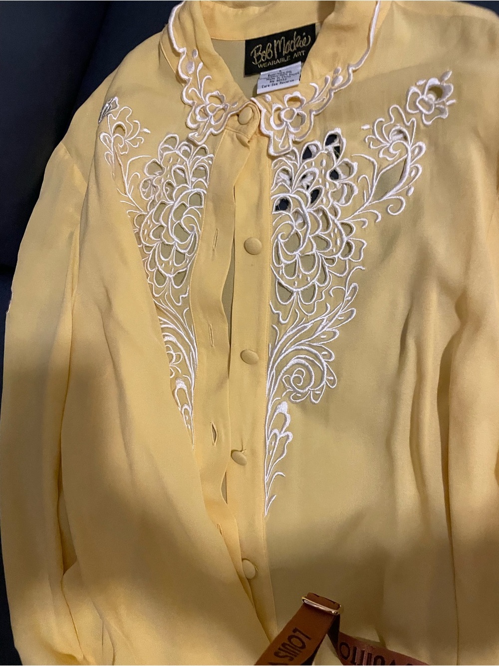 Vintage Bob Mackie Pale Yellow Tie-Neck Blouse with White Embroidery